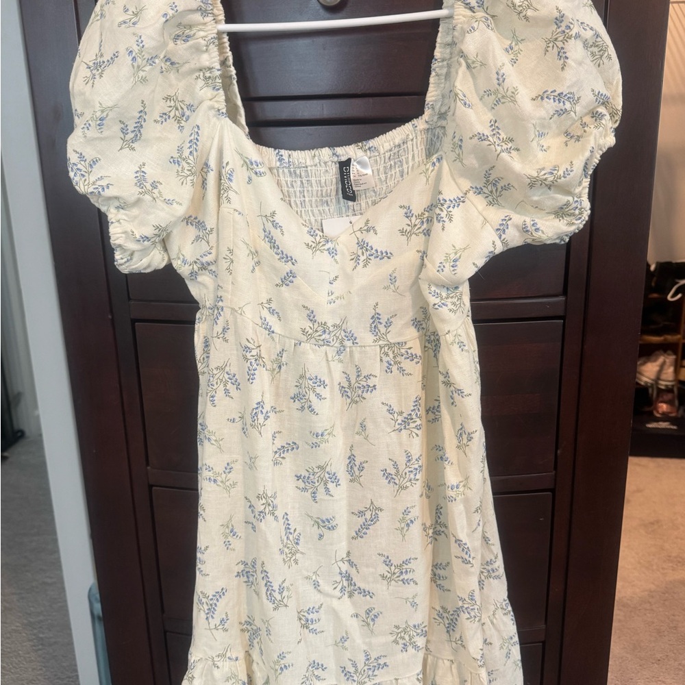 H&M Cream Floral Smocked Midi Dress with Blue Accents